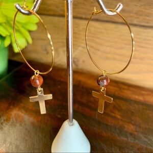 Gold Tone Jasper Hoop and Cross Earrings